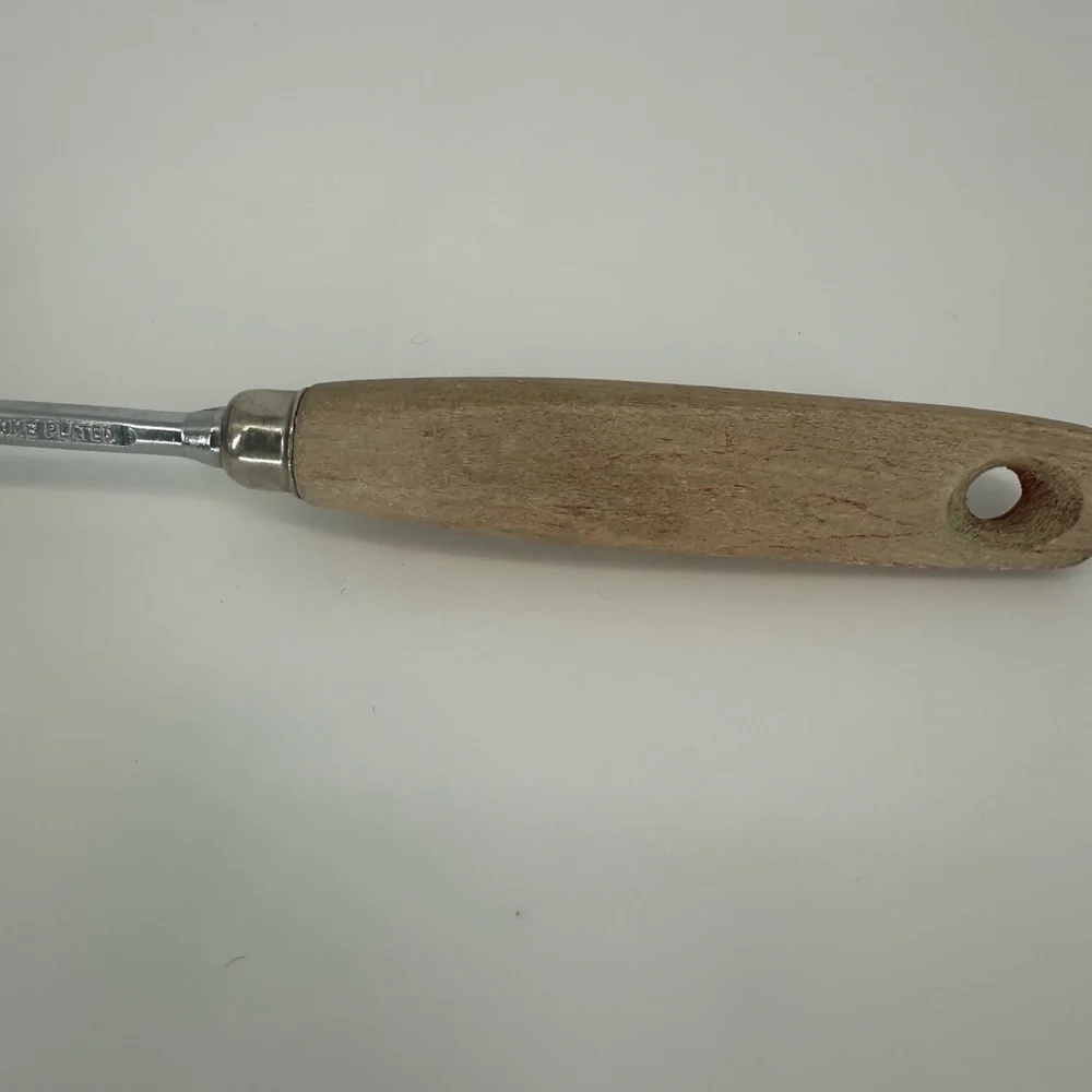 Vintage Ekco Slotted Spoon Approximately 12 inch Wooden Handle Chrome Plated
